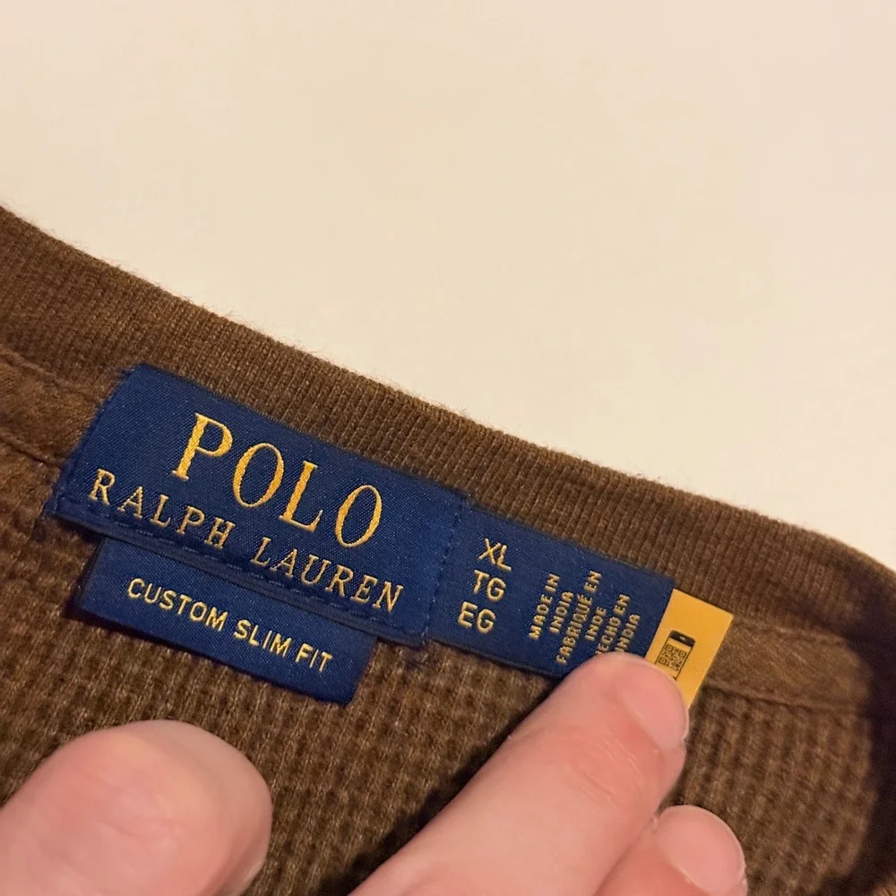 Polo Ralph Lauren Thermal Mens XL Brown Custom Slim Fit Waffle Knit Long Sleeve